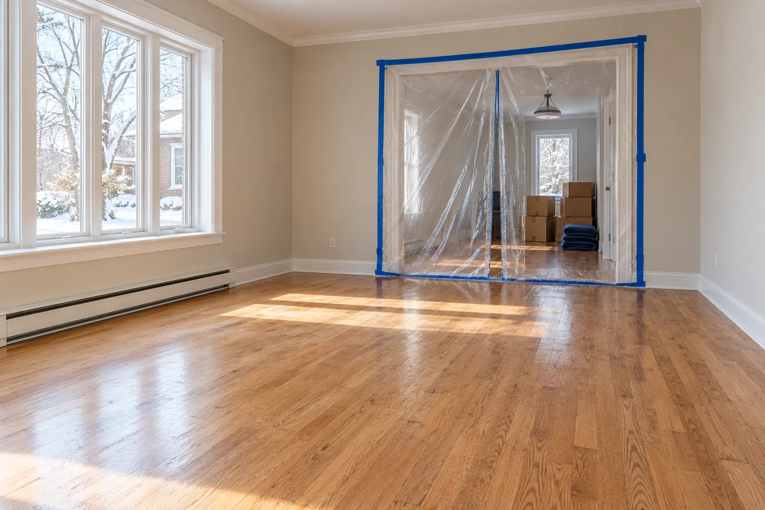 Pièce dégagée avec passage protégé avant le sablage du plancher