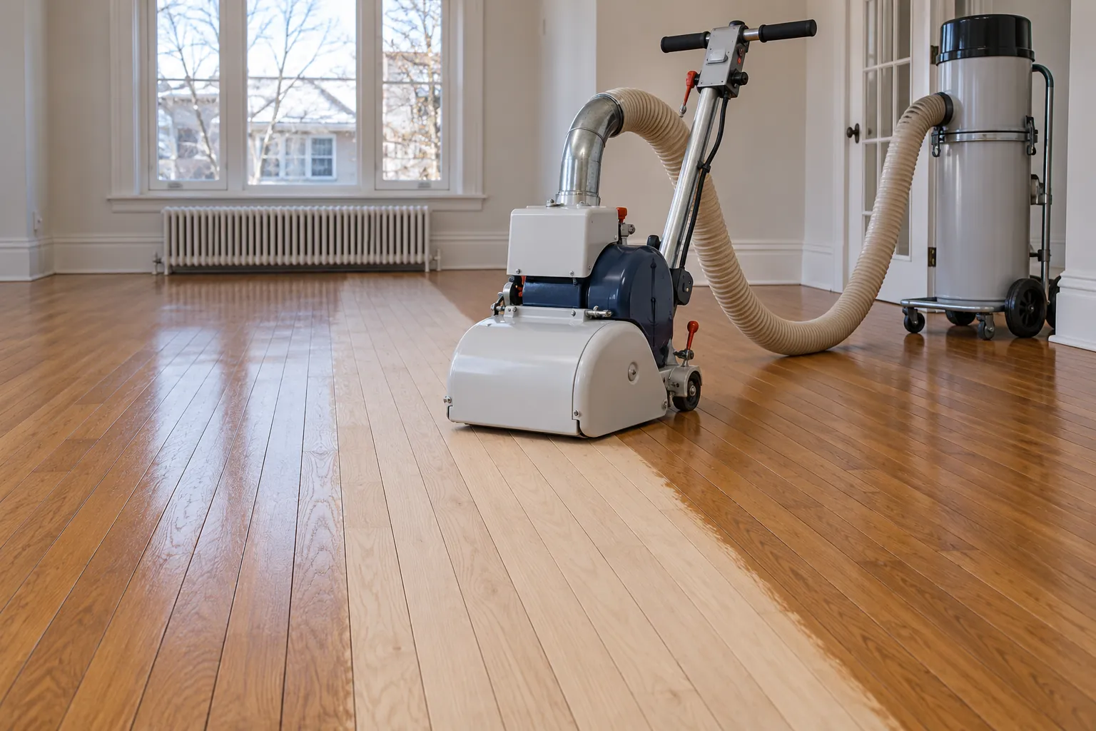 Machine de sablage de plancher raccordée à un système d’aspiration