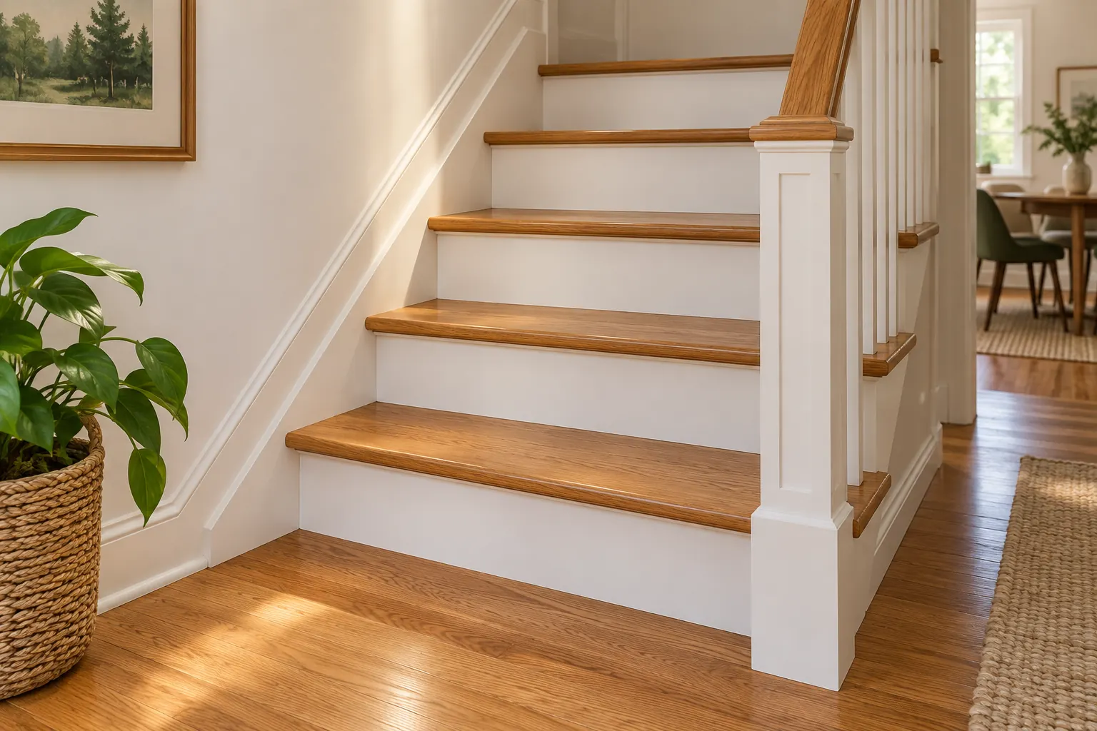 Illustration d’un escalier de bois avec contremarches blanches